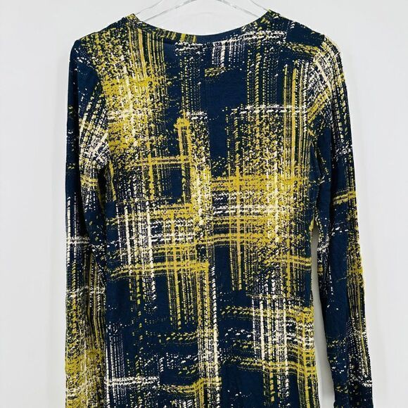 LOGO Lori Goldstein Size XS Navy Blue & Yellow Long Sleeve Lace Trim Tunic Top - Picture 8 of 9